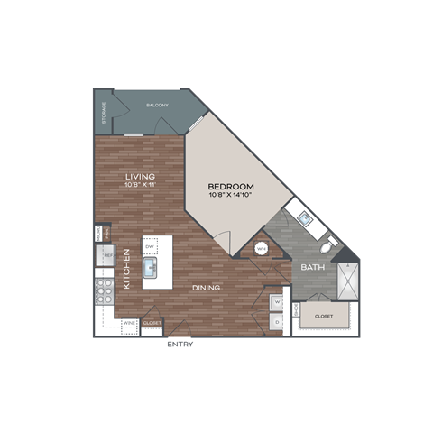 Floor plan for 1 bed, 1 bath, 782 sqft